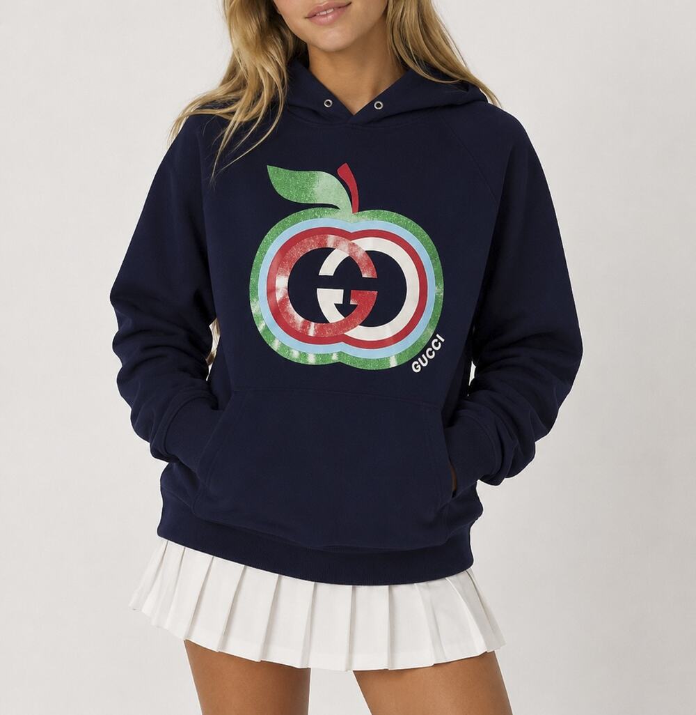 Gucci Girls Interlocking GG Apple Logo Navy Blue Hoodie Sweatshirt Size 12